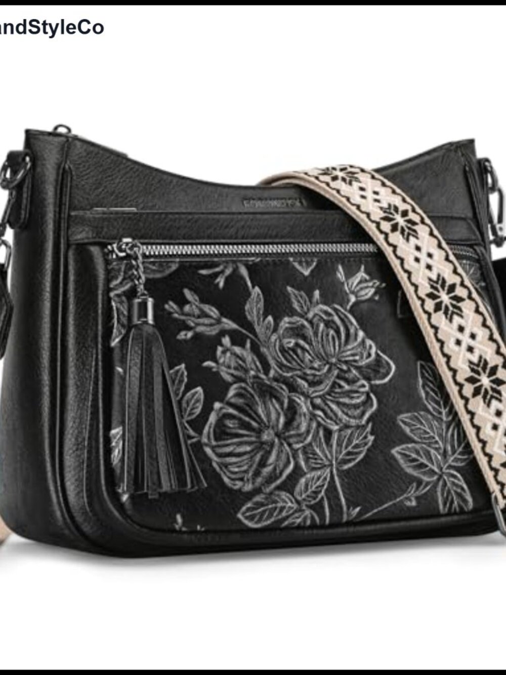 Vegan Leather Crossbody Bag Medium Floral Embossed Wide Strap
